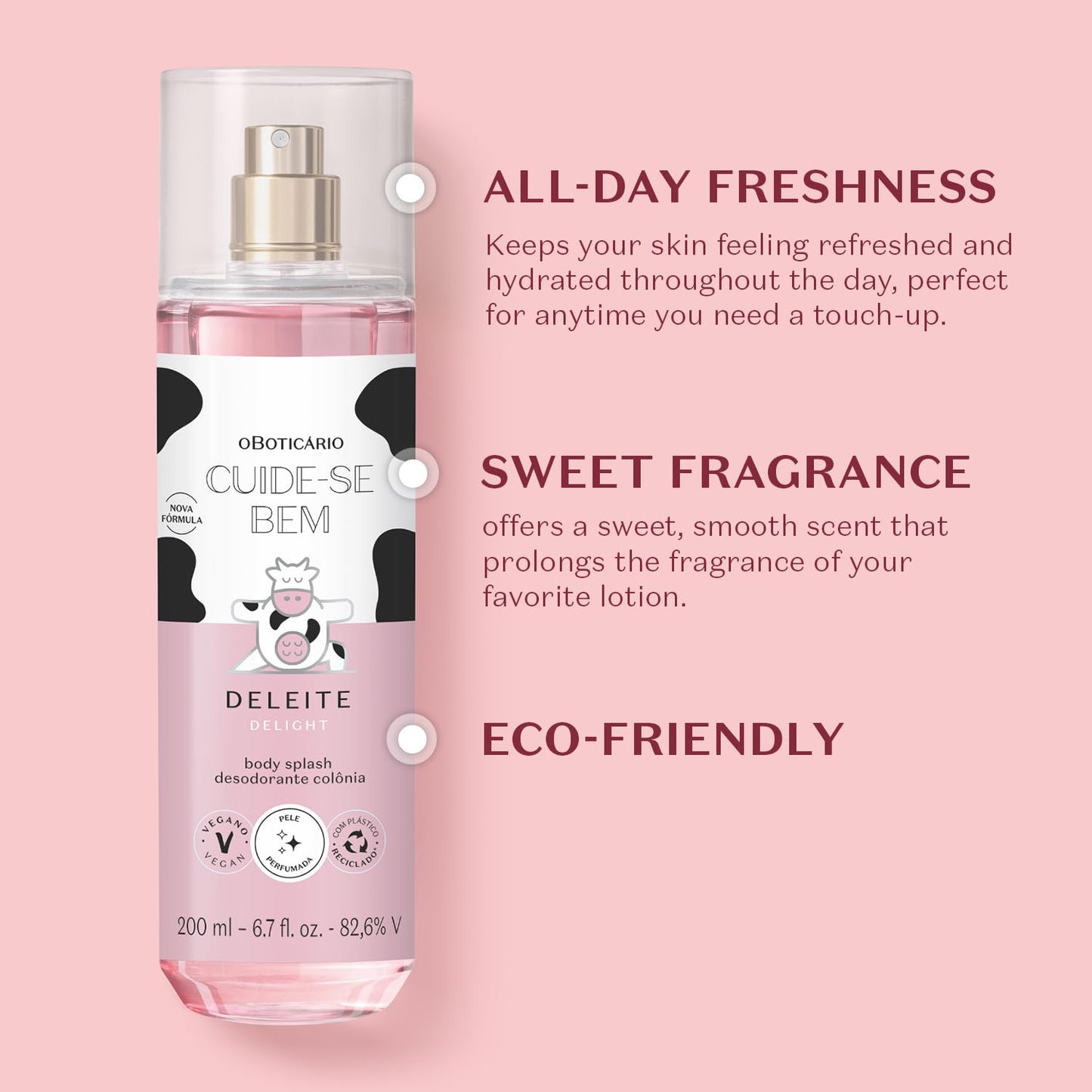 O BOTICARIO Cuide-se Bem Delight Body Splash, Sweet and Refreshing Fragrance Mist, 6.7 Ounce (200ml)