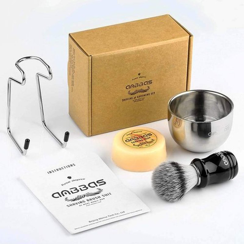 Anbbas 4in1 Vegan Style Synthetic Badger Hair Shaving Brush, Stainless Steel Shaving Stand Milk Shaving Soap and Bowl Set for Men Close Shave Kit