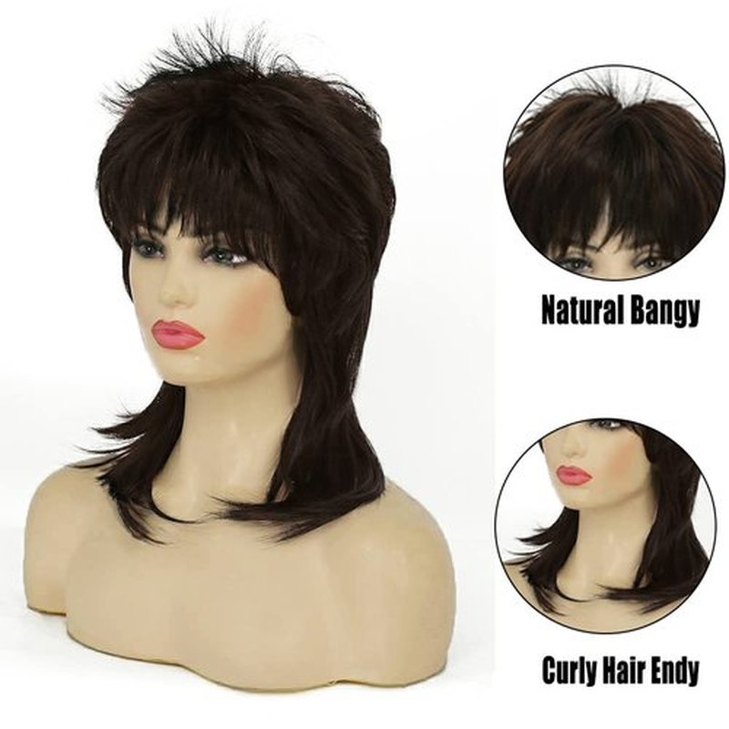 Amnenl Brown Mullet Wig for Women Short Shaggy Layered 70s 80s Rocker Curly Hair Wig for Cosplay Halloween Party Daily Use
