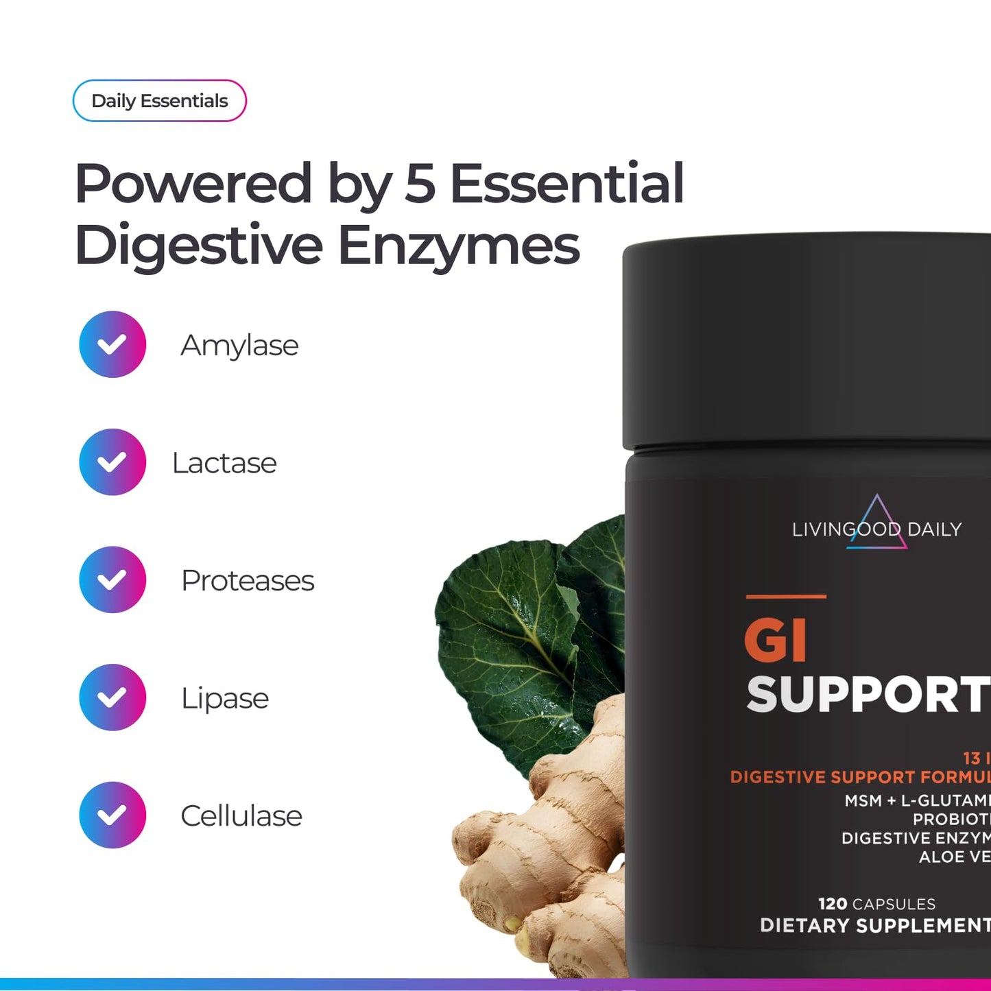 Livingood Daily Gut Health Supplements 120 Capsules -13in1 GI Support with L Glutamine and MSM, Digestive Enzymes, Aloe Vera, Probiotics for Women and Men, Gluten Free, Non GMO - Made in USA
