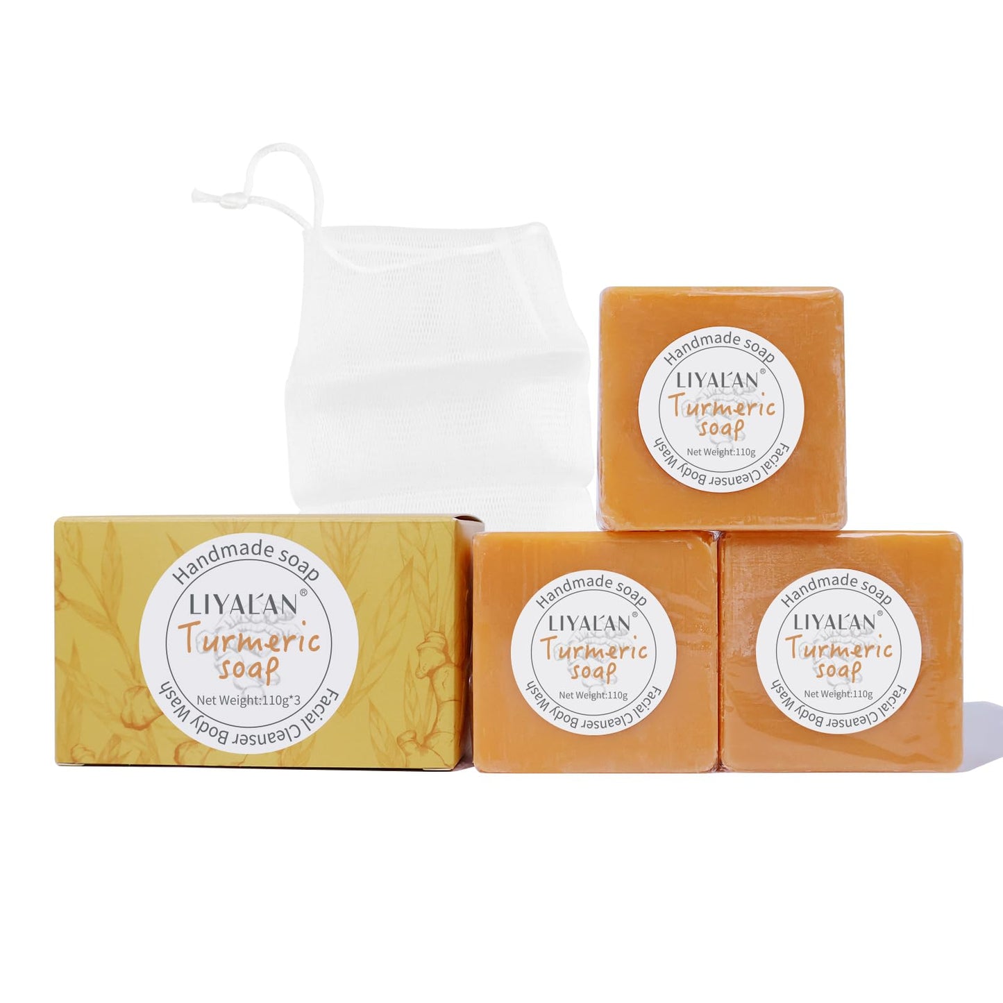 LIYALAN Turmeric Soap Bar 3.88 oz each Bar for Face and Body evens out skin tone,Smooth Skin,Cleansing Handmade Soap contains 3 bars with a fresh ginger and lemongrass scent
