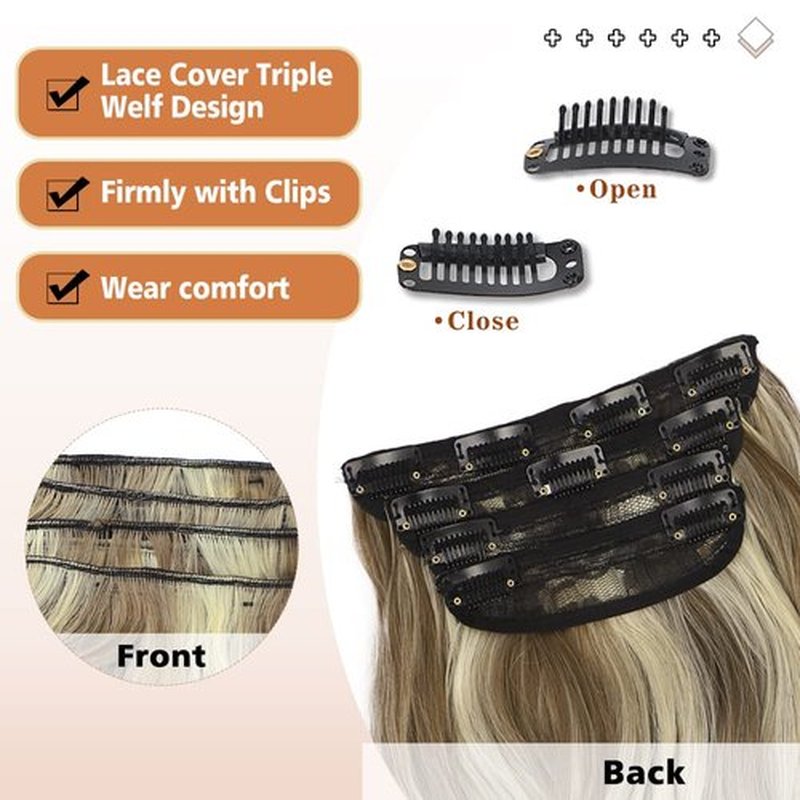 QGZ Clip in Long Wavy Hair Extensions Synthetic 4 PCS Thick Hairpieces for Women 20 Inch Long Fiber Hair Extension for Daily Party Use (Ash Brown Mix Blonde)