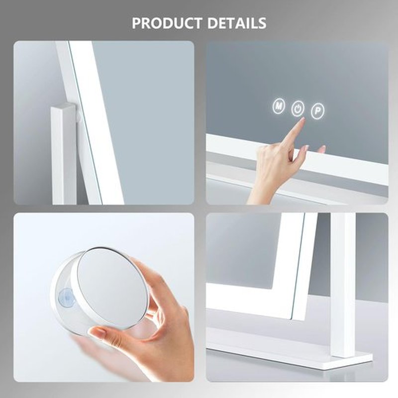 Gvnkvn 15.2" Lighted Makeup Mirror Hollywood Vanity Mirror with Lights, Three Color Lighting Modes, and Detachable 10X Magnification Mirror, Smart Touch Control, 360°Rotation White