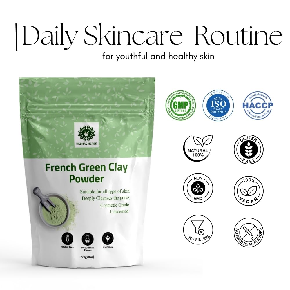 Hebhac Herbs French Green Clay Powder 227 g | Face Mask Oily Skin, Deep Facial Cleanser, Softening Skin, Body Clay | Natural Detoxifying Mask