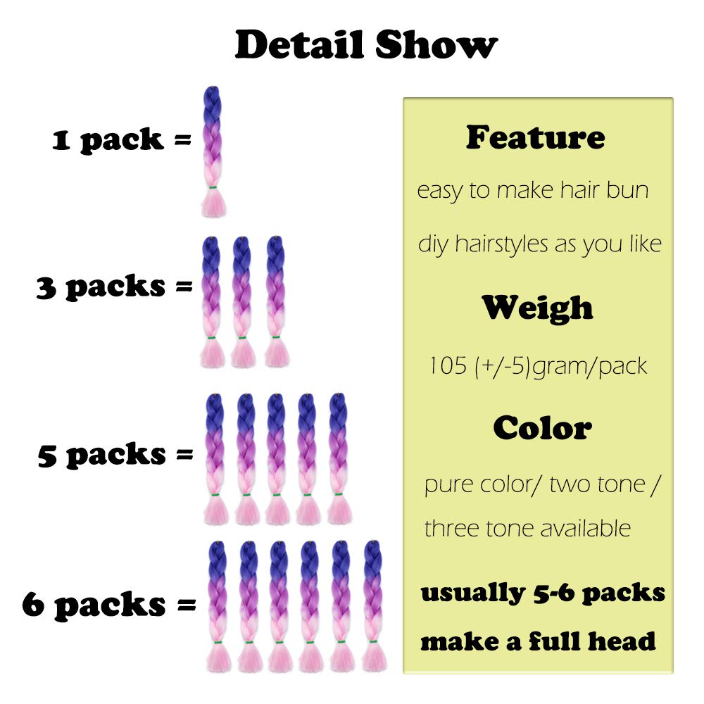 24" Ombre Jumbo Braiding Hair Extensions Jumbo Braid Hair Ombre Long Jumbo Braids For Box Twist Braid Crochet Hair High Temperature 3 Tone Colored (3 Bundles, Purple to Rose Red to Pink)