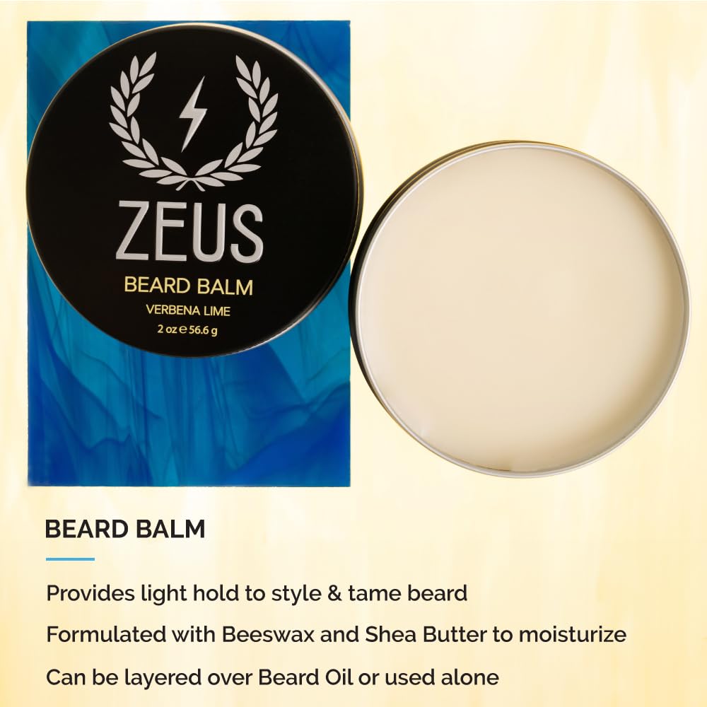 ZEUS Everyday Beard Kit for Men, Facial Hair Shampoo, Conditioner, Oil, Balm & Tin Gift Box, Premium Father's Day Beard Care & Grooming Set (Made in USA) Verbena Lime