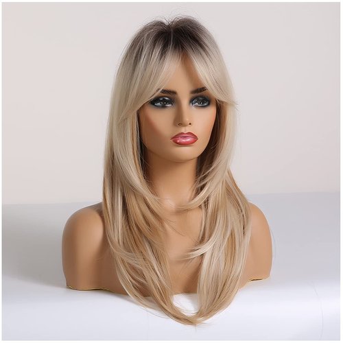 MAGQOO Blonde Wig for Women Blonde Layered Wig Dark Roots Long Blonde Wig with Bangs Two Tones Synthetic Heat Resistant