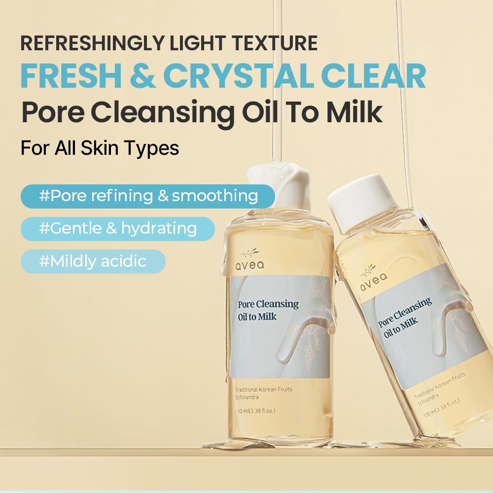 AVEA Pore Cleansing Oil to Milk - Traditional Korean Schisandra Seed Oil | Madecassoside & Asiaticoside | Gentle Hydrating Cleanser for Refining & Smoothing - 3.38 fl oz / 100ml