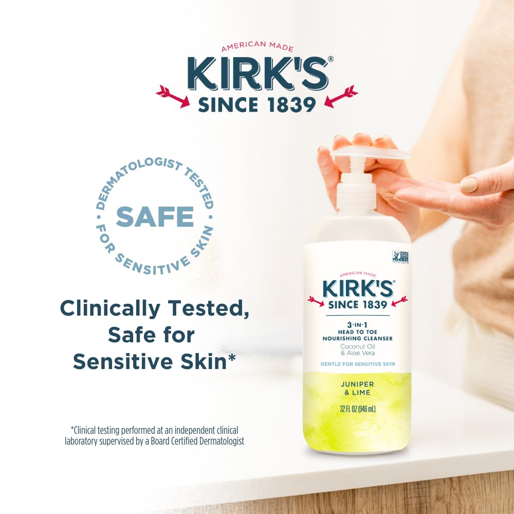 Kirk's Juniper & Lime 3-in-1 Nourishing Cleanser and Travel Bar Soap, Shampoo Body Wash Bubble Bath, Coconut Oil and Aloe Vera, Vegan Non-GMO, 32 Fl Oz