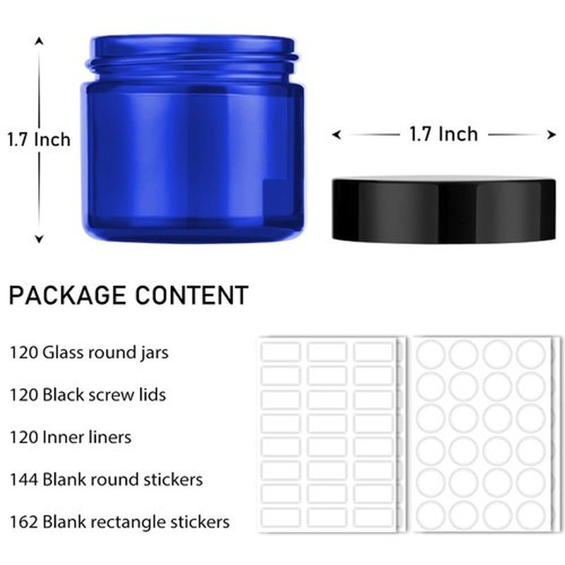 1 oz Blue Glass Jars with Lids, Bumobum 120 pack Small Jars with Black Lids, White Labels & Inner Liners, Empty Round Cosmetic Containers for Cream, Lotion