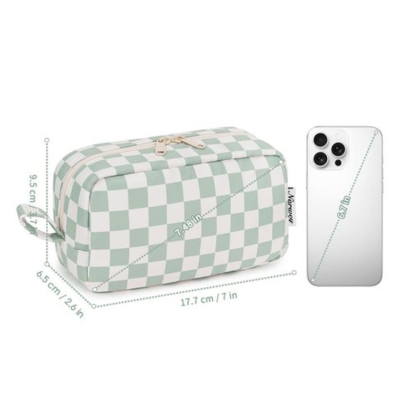 Narwey Small Checkered Makeup Bag for Purse Travel Makeup Pouch Mini Cosmetic Bag Cute Make up Bags Zipper Pouch for Women (Mint Green Checkerboard, Small)