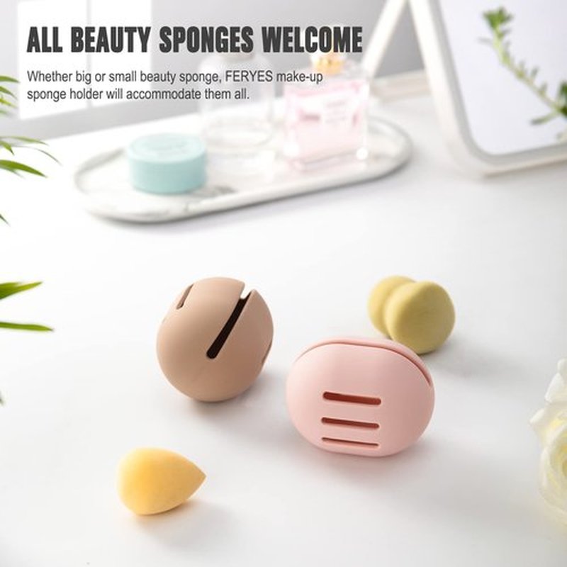 FERYES Makeup Sponge Holder – Shatterproof Eco-Friendly Silicone Beauty Make Up Blender Case for Travel - Pink