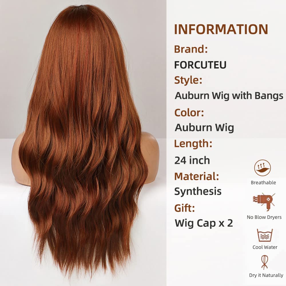 FORCUTEU Auburn Wig with Bangs Long Auburn Wigs for Women Auburn Wavy Wig Heat Resistant Wigs for Daily Party Halloween (Auburn 24inch)