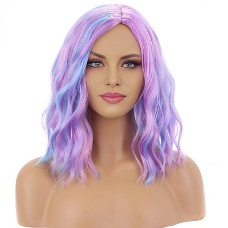 BERON 14 Inches Pink Blue Wig Short Curly Bob Wig Charming Women Girls Beach Wave Wigs for Cosplay Costume Party Wig Cap Included