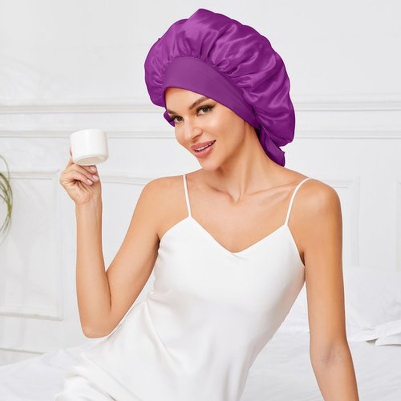 Satin Bonnet for Sleeping, Silk Bonnet for Sleeping Women, Double-layer Satin Bonnet with Tie Band Purple