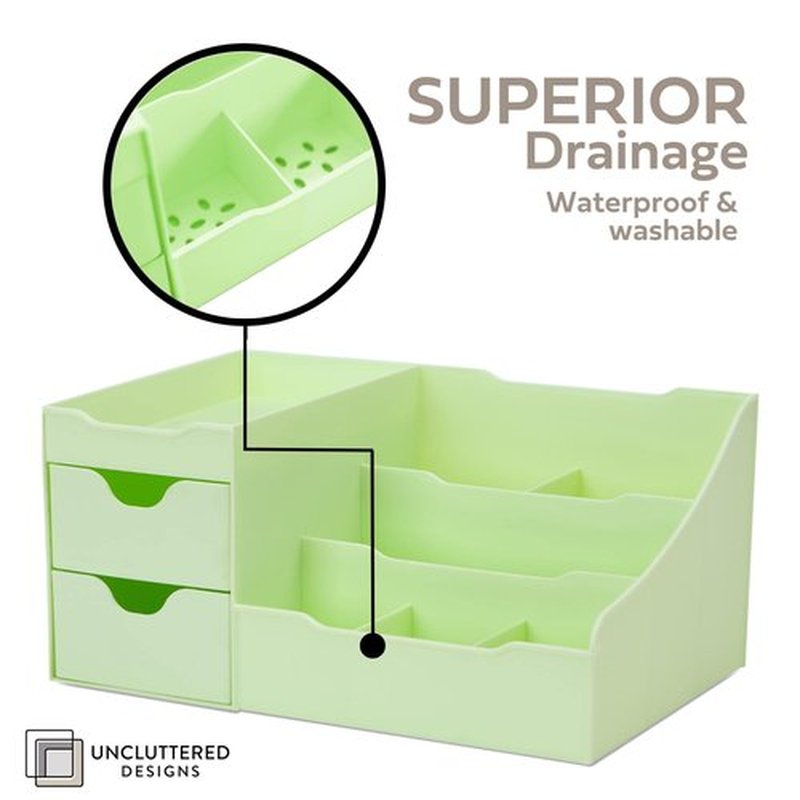 Uncluttered Designs Makeup Organizer With Drawers - Modern Countertop Storage for Cosmetics - Chic Vanity Holder for Perfume, Skincare, Brush, Lipstick, Nail Polish Organization & Display (Green)