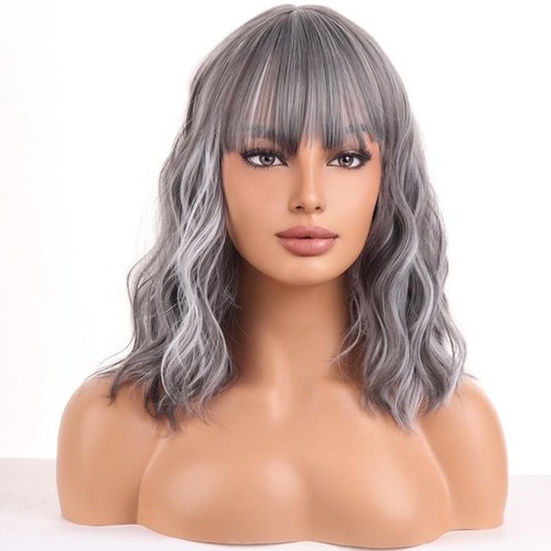 WTHCOS Mixed Silver Gray Wig Short Bob Wig Short Curly Wavy Wig With Bangs for Women Silver Mixed Gray Wig Heat Resistant Synthetic Hair Wigs for Daily Use Cosplay Wig With Wig Cap