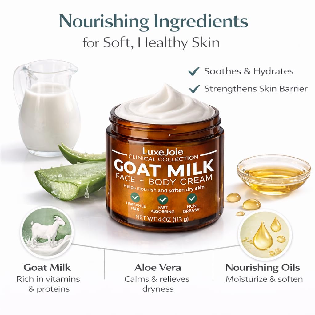 LuxeJoie Goat Milk Face Cream Fragrance Free Moisturizer for Dry & Sensitive Skin Fast Absorbing Non Greasy Hydration Gentle Goat Milk Face & Body Lotion with Shea Butter 16 oz
