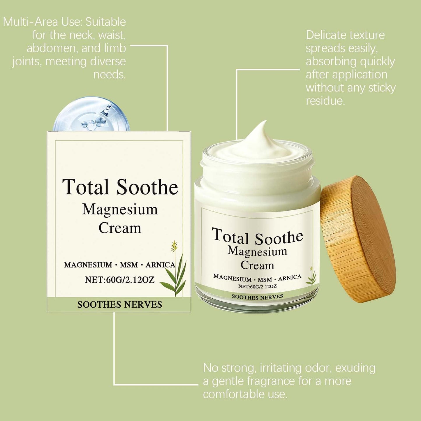 BITYEYE Total relief magnesium cream，total soothe magnesium cream for knees，Fast Absorbing, Take care of the muscles of your wrists, knees, feet and joints