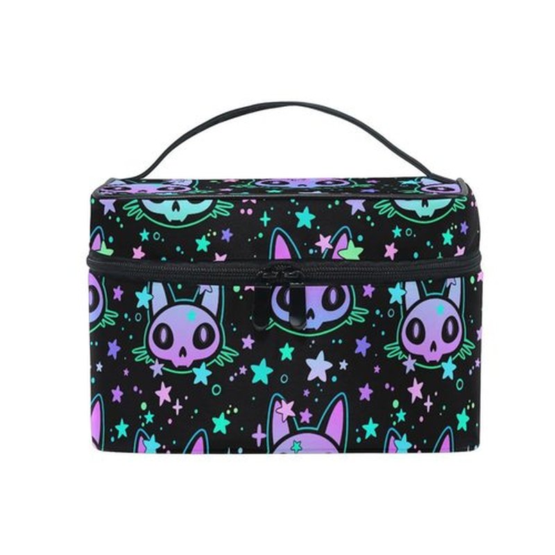 Cosmetic Bag Cat Skull with Stars Travel Makeup Organizer Bag Portable Train Case for Women Girls