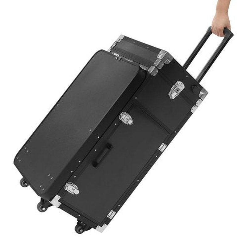 Makeup Train Case With 4 Universal Wheels,Portablel Makeup Suitcase With Drawers,Unfold Table And Makeup Mirror,Rolling Cosmetic Storage Organizer For Makeup Artist,Hairstylist,Etc (Black,Silver)