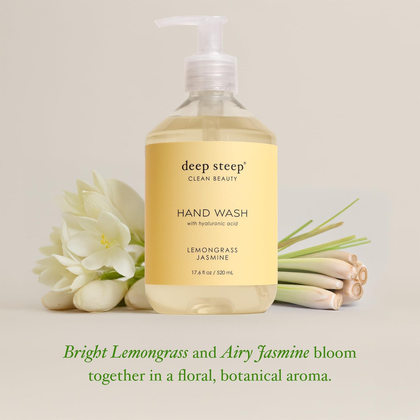 Deep Steep Liquid Hand Wash, Lemongrass Jasmine, 17.6 oz – Moisturizing Cleanser with Olive Oil, Aloe Vera, Glycerin & Hyaluronic Acid – Vegan, Clean Beauty, Soft & Nourished Hands
