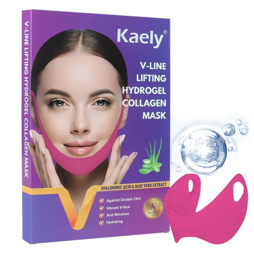 Kaely 8Pcs V Line Lifting Mask,Double Chin Mask,Chin Strap for Double Chin for Women,Face Lift Mask with Collagen,Hydrating Anti-aging,Red-Small Size