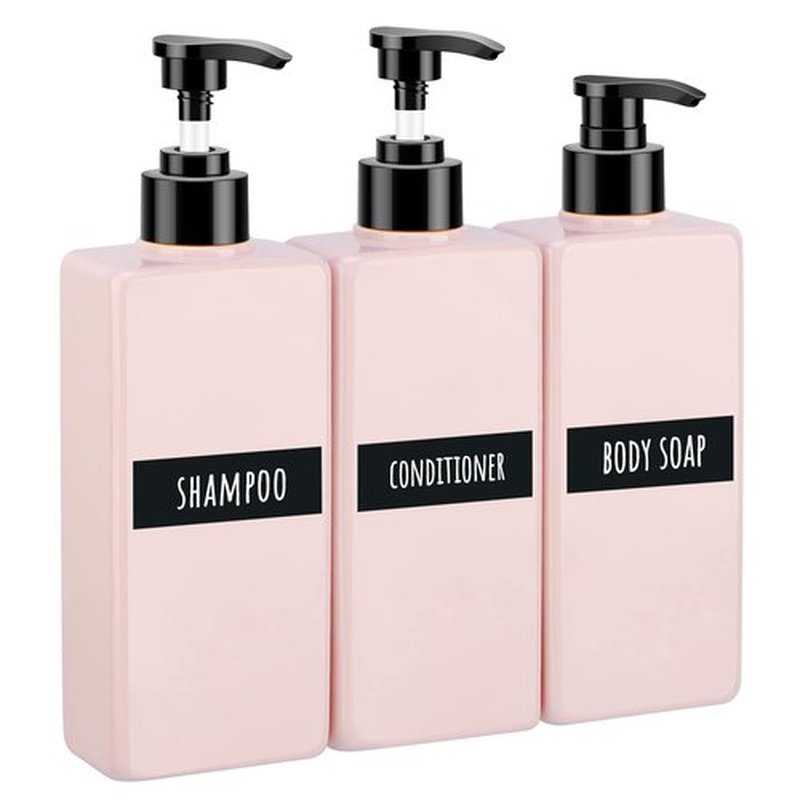 Segbeauty Soap Dispenser Bottle, 3pcs 13.5oz Refillable Pump Shower Bottle with Labels, 400ml Empty Plastic Press Lotion Dispenser Containers for Bathroom Hotel Shampoo Conditioner Body Soap Pink