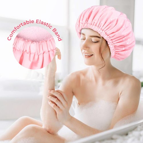 Pink Shower Cap for Women Terry Lined Bath Cap Large Reusable Waterproof Elastic Band Shower Caps for Long Thick Hair Soft Bath Shower Hair Caps