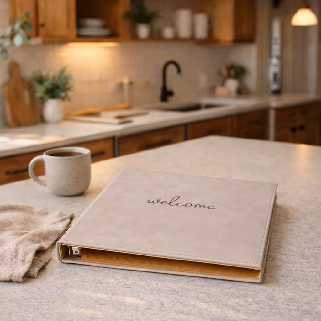 Paper 'n Such Welcome Binder for Short Term Rentals – Grey Faux Leather 3 Ring Folder for Airbnb, Vacation Home, House Manual & Guest Information - Letter Size