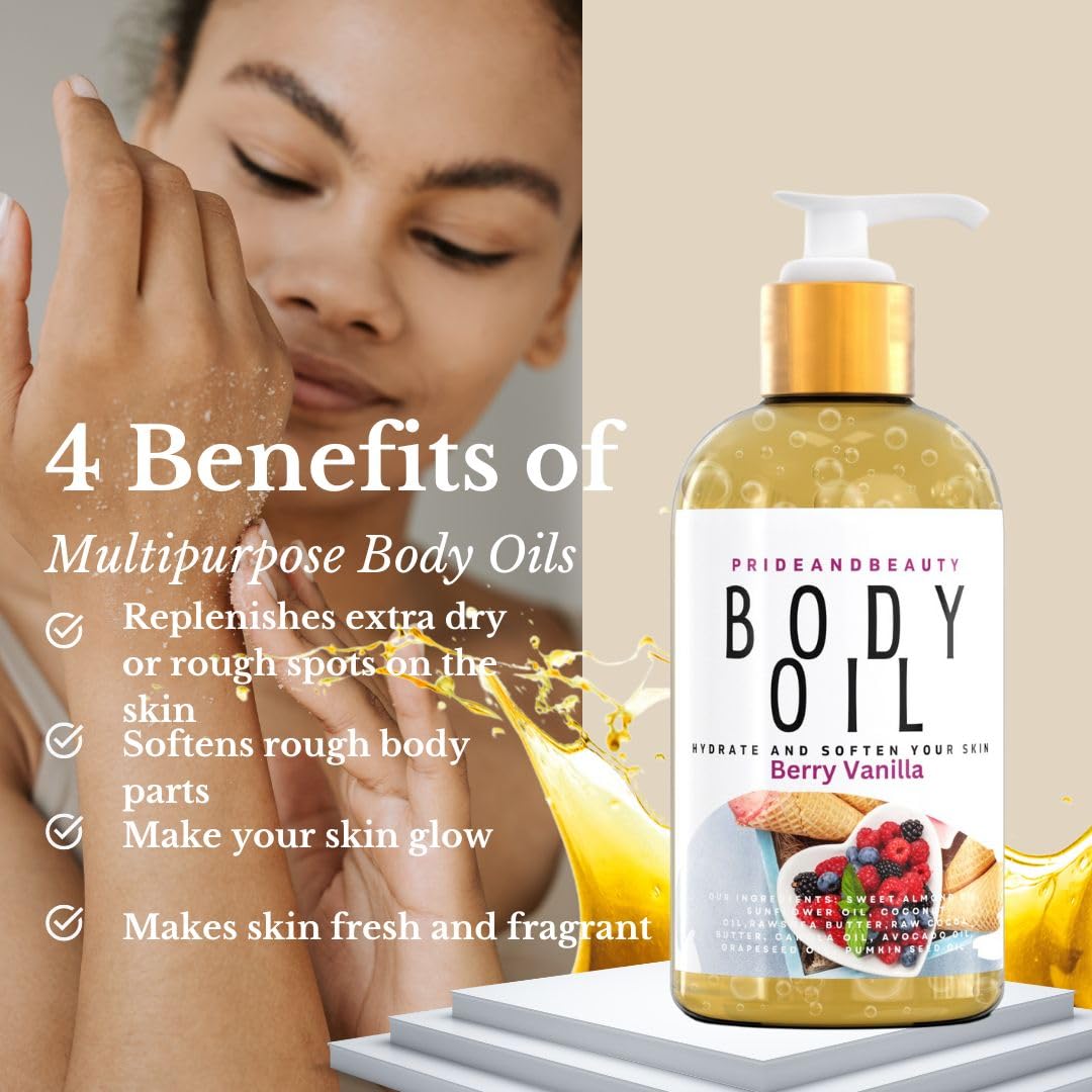 PrideandBeauty After Shower Oil, Skin Hydrating Body Oil for Women Dry Skin, Berry Vanilla Scented, 4 Ounces
