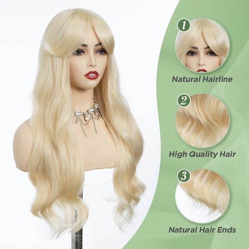 REBECCA STYLE Long Blonde Wig with Bangs 24 Inch Long Wavy Wigs with Bangs for Women Synthetic Curly Wigs Hair Replacement Wigs for Girls Daily Party Use Natural Looking (Blonde)