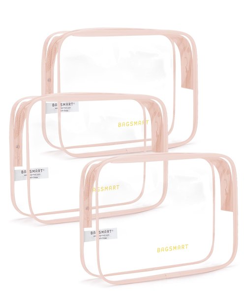 BAGSMART Clear Toiletry Bag, 3 Pack TSA Approved Travel Toiletry bag Carry on Travel Accessories Bag Airport Airline Quart Size Bags Water Repellent Makeup Cosmetic Bag for Women (Nude Pink-3pcs)