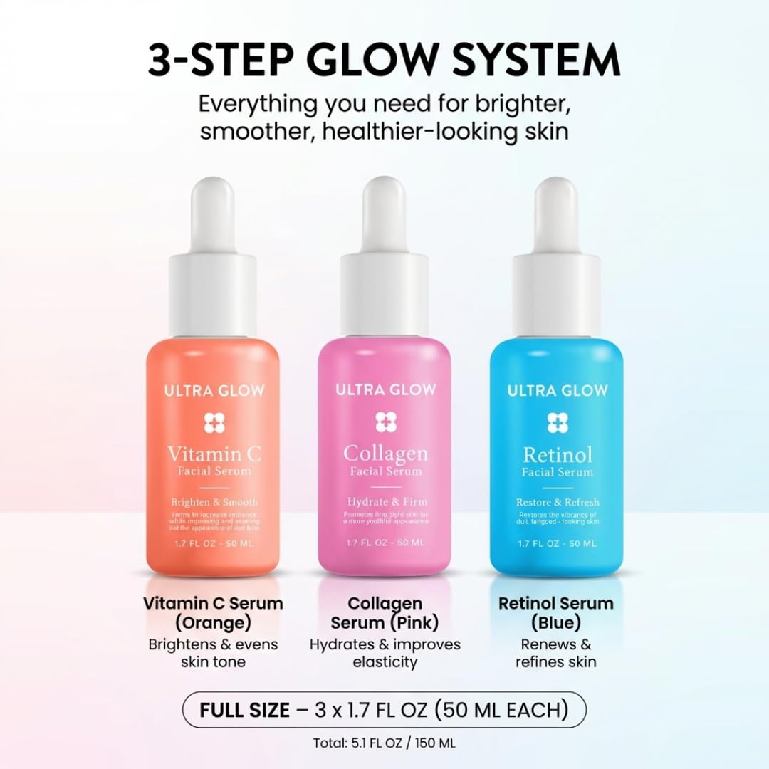 My Beauty Spot 3 Pack Facial Serums – Vitamin C Serum, Collagen & Retinol Serum for Face, Brightening & Anti Aging Face Serum for Women, Dark Spot Corrector, Hydrating Skin Care Set