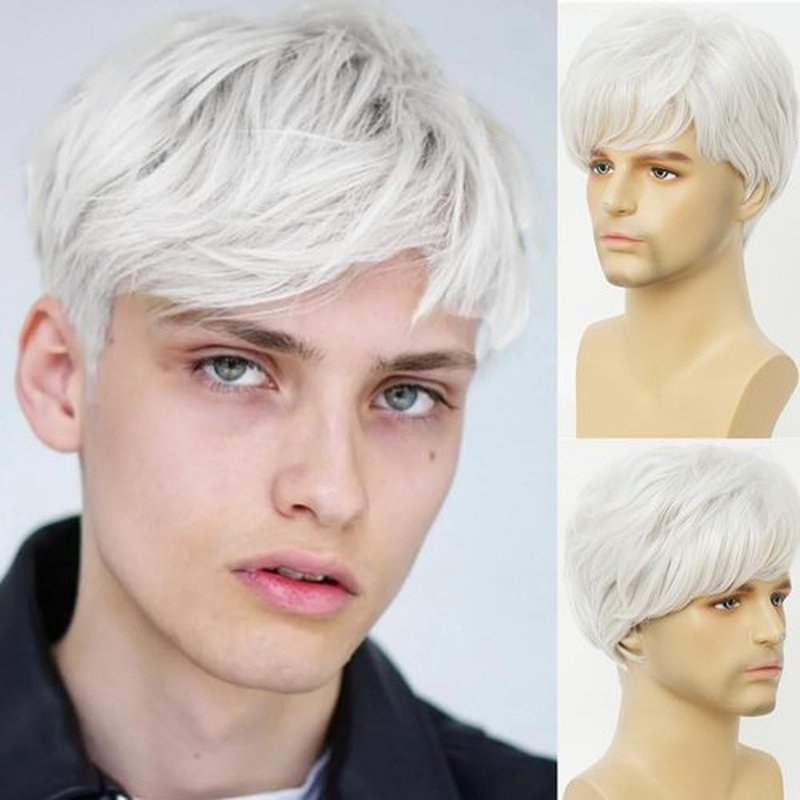 Dai Cloud White Short Mens Wig with bangs Layered Synthetic Hair Daily Wigs for Male Use