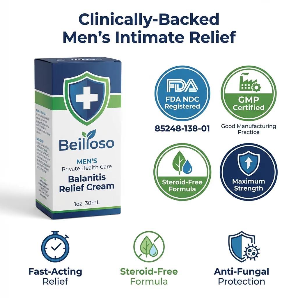 Beilloso Balanitis Relief Cream for Men — Fast-Acting Anti-Fungal Treatment for Intimate Itch, Redness & Inflammation | Vacuum Pump Design | Steroid-Free, Verified Male Intimate Care | 1.01 fl oz
