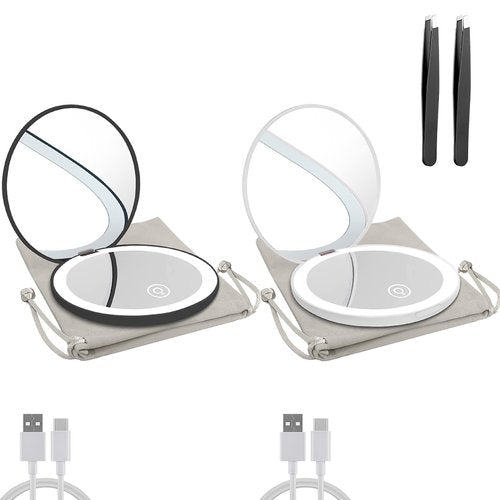 Milishow Compact Mirror with LED Light,1x/10x Magnifying Rechargeable Mirror,3.5in, Dimmable Travel Mirror for Purse,Pocket,Handheld 2-Sided Makeup Mirror