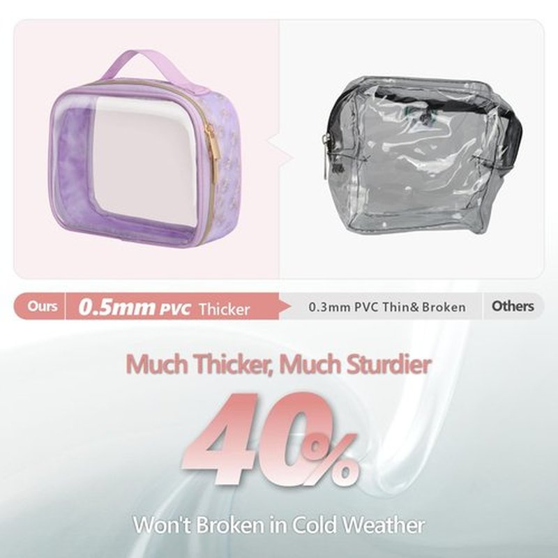 PACKISM Floral Texture TSA Approved Toiletry Bag - 180° Large Opening Clear Makeup Bags with Handle, Easily Access, Clear Travel Bags for Toiletries TSA Approved, Thick 0.5 mm, Purple