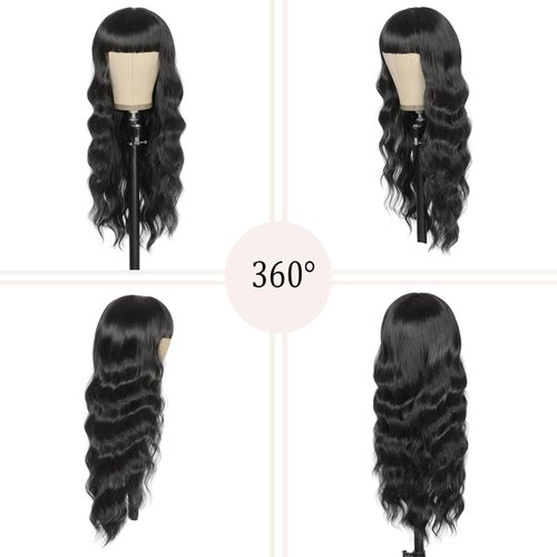 punhurt Black Wig with Bangs 26inch Long Black Wig Wavy Wig for Women Synthetic Wig Curly Natural Black Wigs for White Women Girls Wig with Bangs