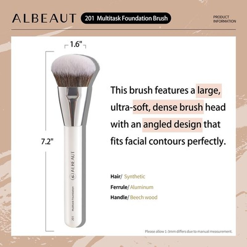 ALBEAUT 201 Angled Foundation Brush for Flawless Makeup Application Professional Liquid, Cream Powder Foundation Brush with Dense Bristles - Contoured for Precise Blending and Buffing