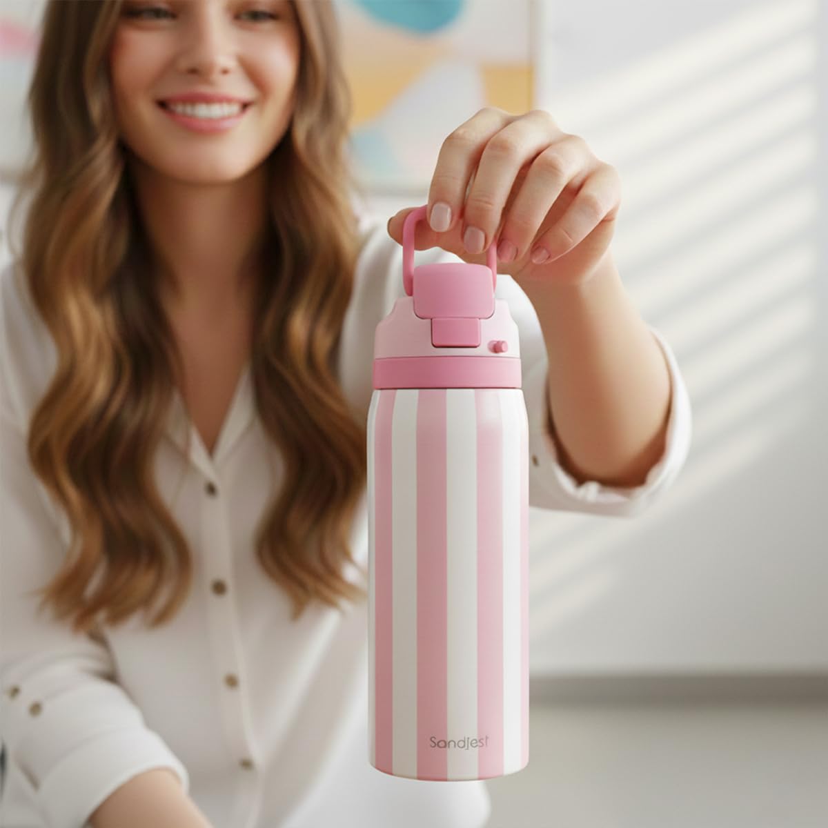 Stripe Insulated Stainless Steel Water Bottle with Straw, Push-Button Lid, 32 Ounce, Gifts for Women Girls Friends Teens Birthday Christmas (Pink)