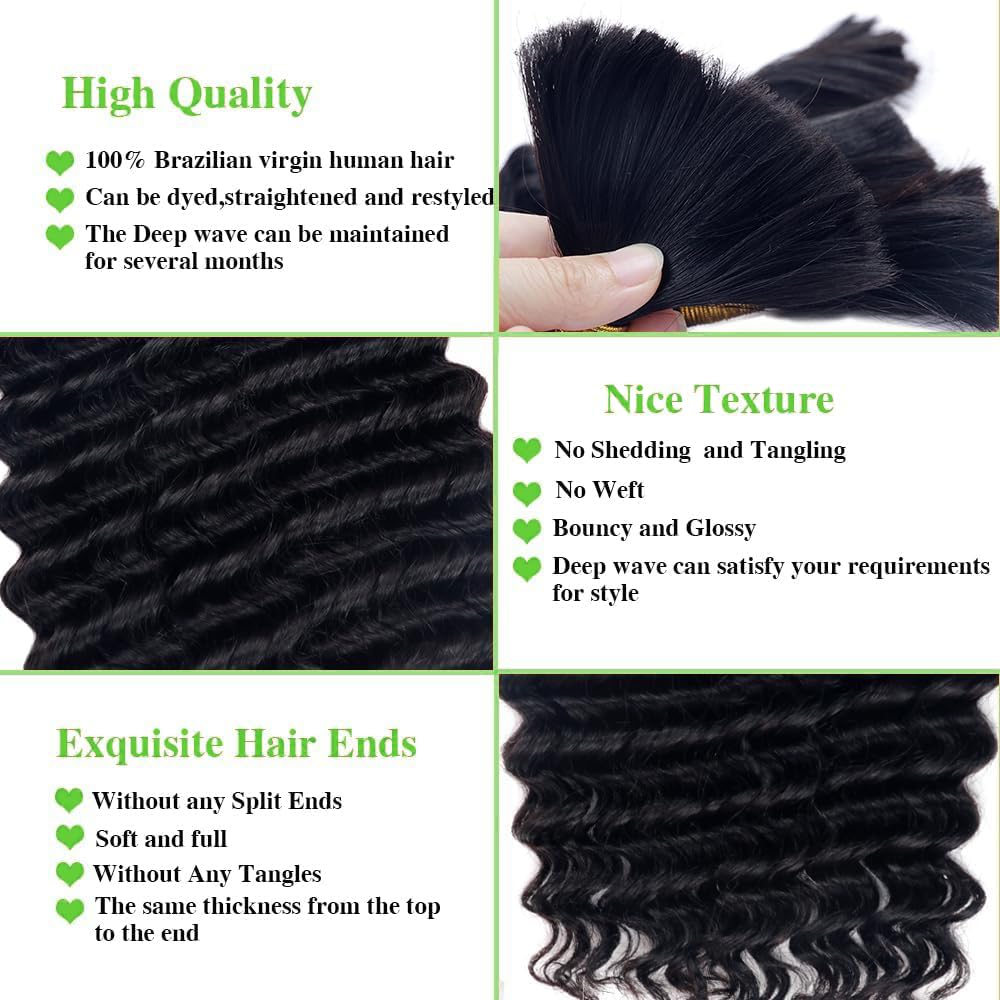 Human Braiding Hair Deep Wave Bulk Human Hair for Braiding No Weft Brazilian Virgin Curly Human Hair Extensions for Boho Braids Wet and Wavy Human Hair Braiding Hair 1 Bundle 50g 14Inch