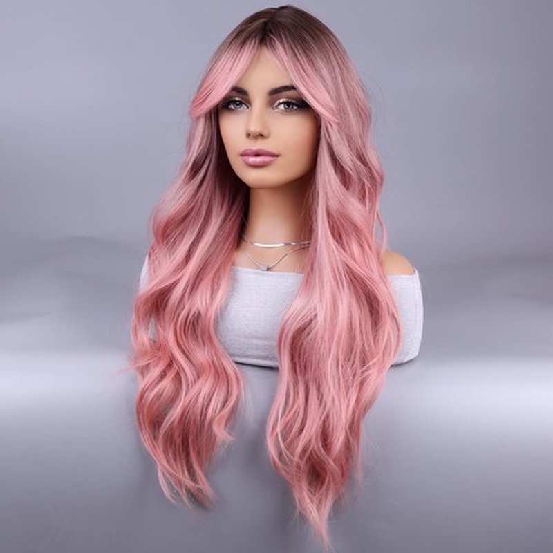 MAGQOO Pink Wig for Women Ombre Pink Wig Long Curly Wavy Pink Wigs Dark Roots Two Tones Synthetic Heat Resistant