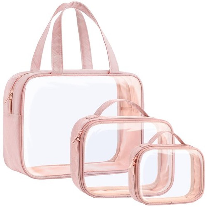 PACKISM Clear Toiletry Bags, 3 Pack Clear Makeup Bags with Handle Large Opening, Waterproof Clear Cosmetic Bags Fit Carry-on Travel Essentials, Travel Accessories Clear Travel Bags, Pink