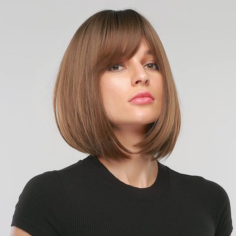 PATTNIUM Brown Bob Wig for Women Short Straight Ombre Brown Wig with Bangs Short Bob Wig Heat Resistant Synthetic Wig with Wig Cap(Ombre Brown)
