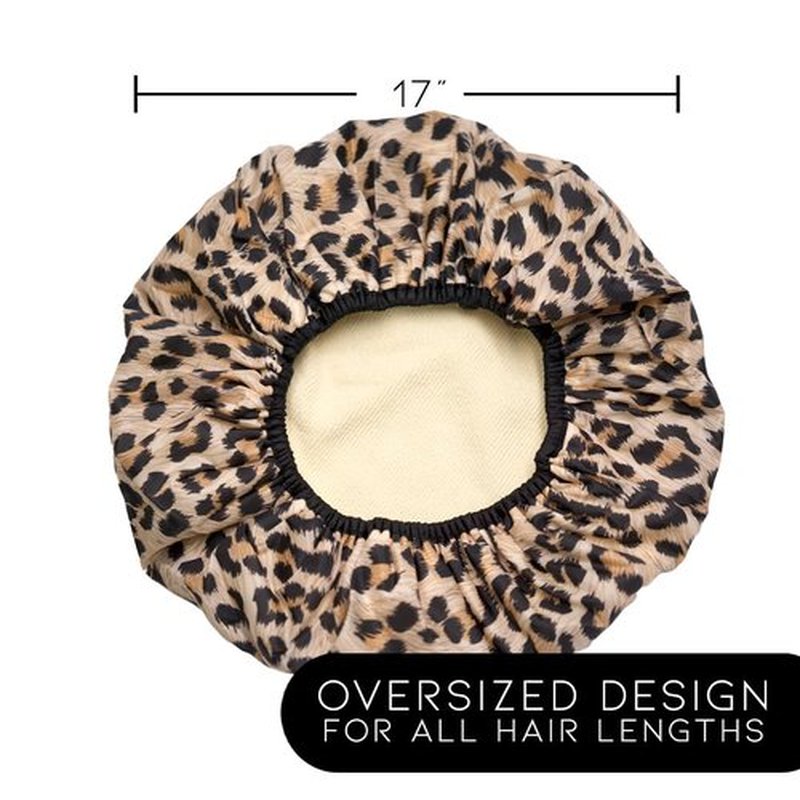 Reusable Nylon Shower Cap & Bath Cap, Reversible Oversized Waterproof Shower Caps Large Designed for all Hair Lengths w Terry Lining & Elastic Band Stretch Hem Hair Hat - Socialite Safari Spots