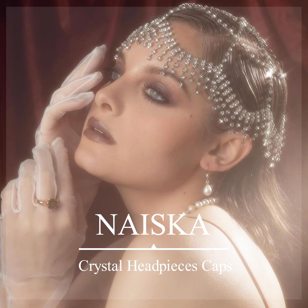 NAISKA 1920s Mesh Rhinestone Headband Cap Silver Tassel Crystal Head Chain Wedding Brides Headpieces Vintage Prom Costume Halloween Style Hair Accessories Jewelry for Women and Girls