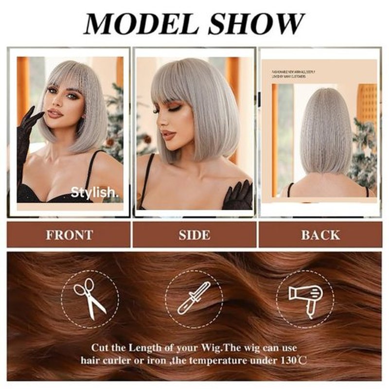 Tangyaoyusun 12Inch Black Wig with Bang Short Straight Bob Hair For Girls Women Theme Party (Silver Gray)