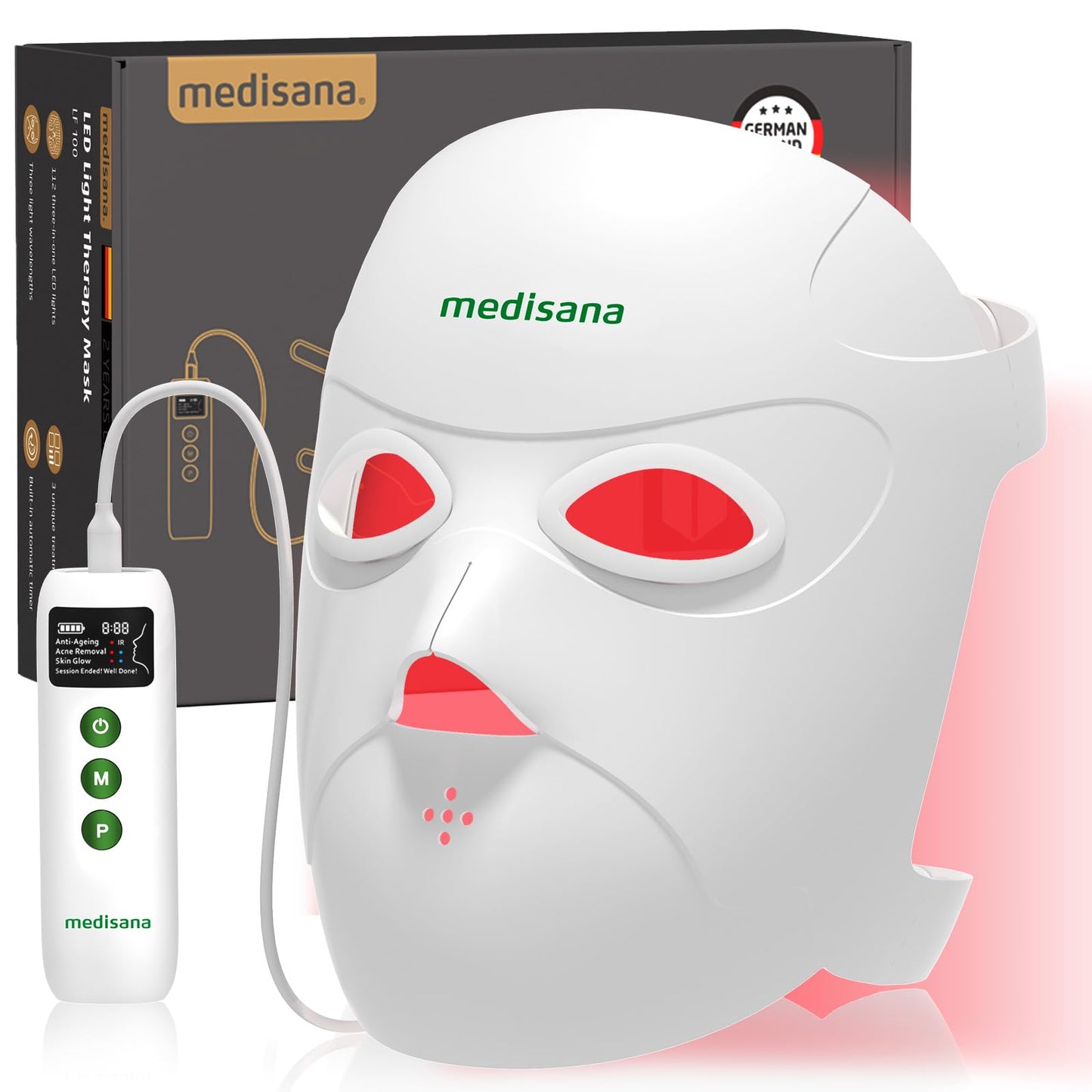 Medisana 3D Red Light Therapy Mask for Face, 336 LEDs Light Therapy Mask with 3 Modes - NIR 830nm, Red 630nm, Blue 415nm - Cordless & Rechargeable LED Face Mask for Home, Skincare Gifts (White)