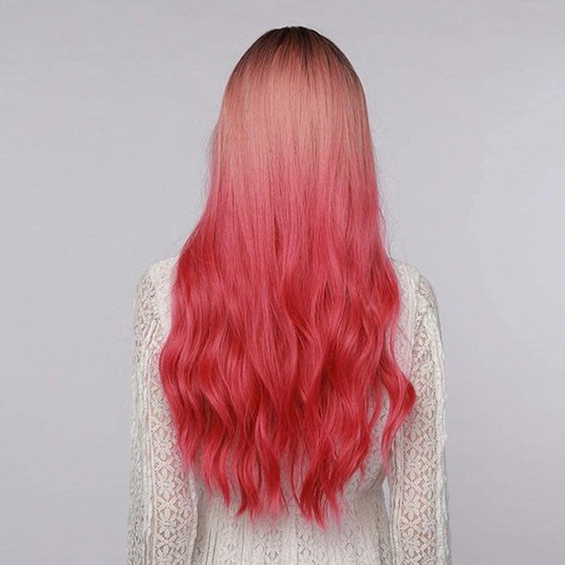 Yupher Ombre Pink Wig with Bangs Long Wavy Wigs for Women Pink Wigs with Bangs Heat Resistant Natural Wavy Synthetic Wigs for Daily Party Cosplay